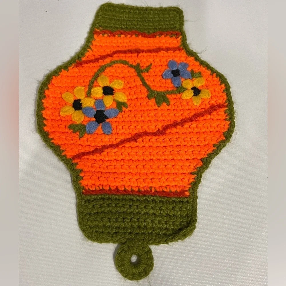 Handmade Crocheted Pot Holders - 3 (2 brown and gray, 1 orange and green)